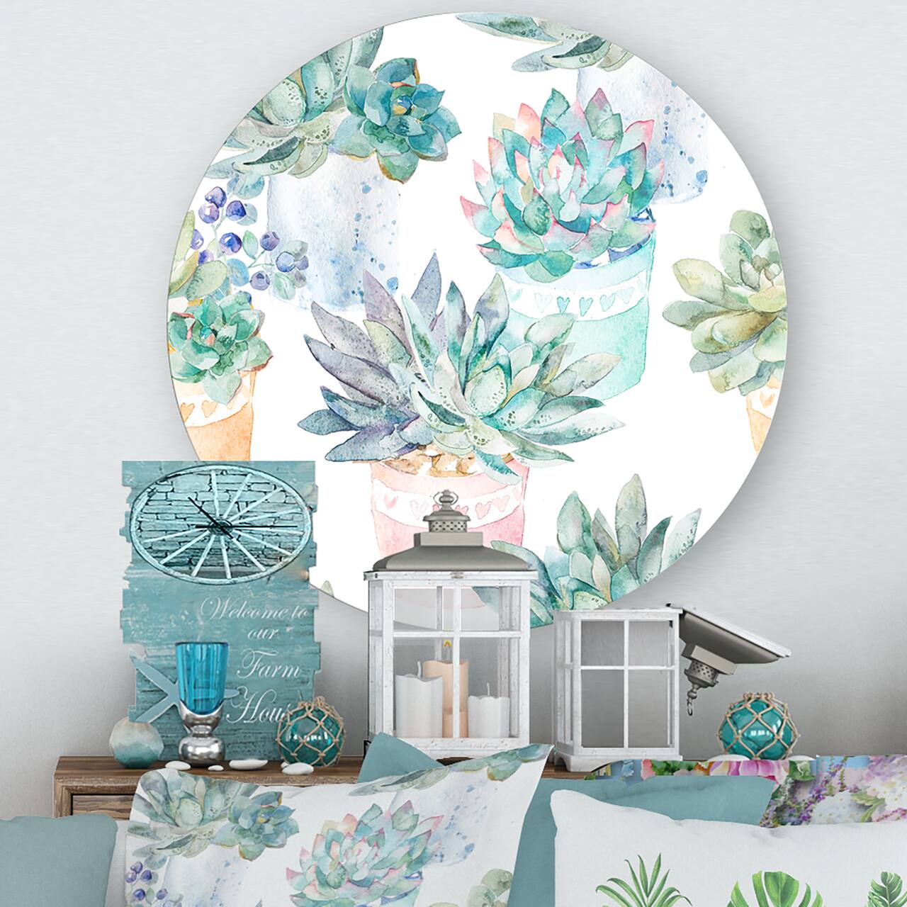 Designart - Pastel Toned Succulent Housplants - Traditional Metal Circle Wall Art